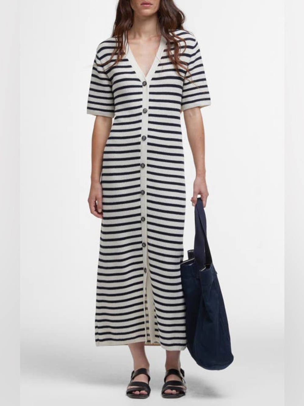 Barbour Isla Multi Stripe Cotton Knit Button-Front Midi Dress size 6